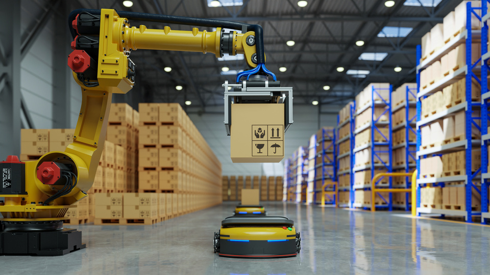 Factory Automation with AGV robot and robotic arm in transportation.